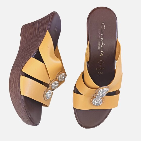 Italian Shoemakers Yellow Wedge Sandals – Size 6M, Made in Italy, Rhinestone Det - Picture 1 of 11